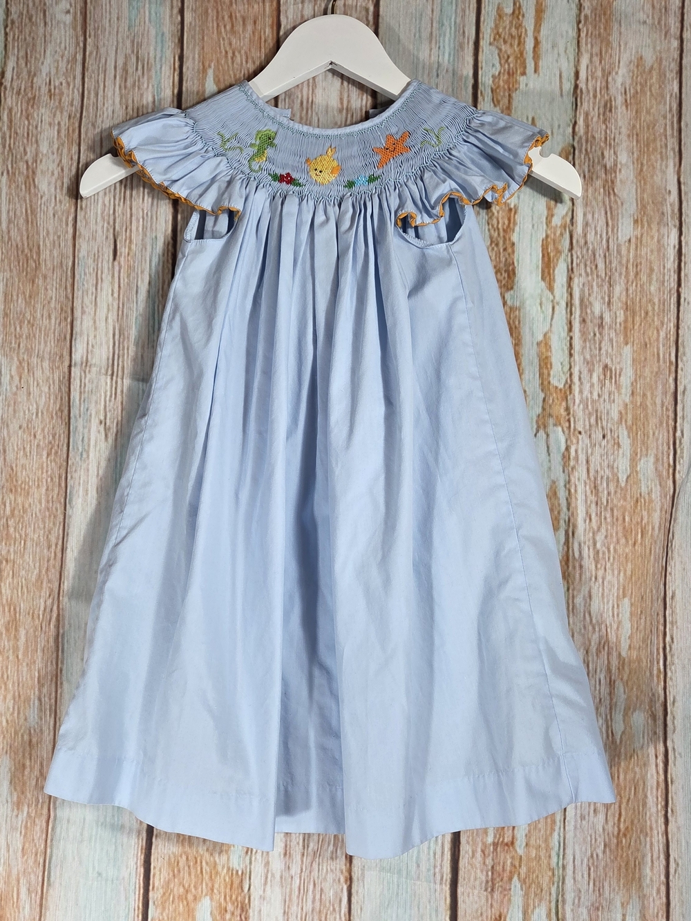 Mom & Me Light Blue Smocked Ruffle Kids Dress with Underwater Theme. Size 2t